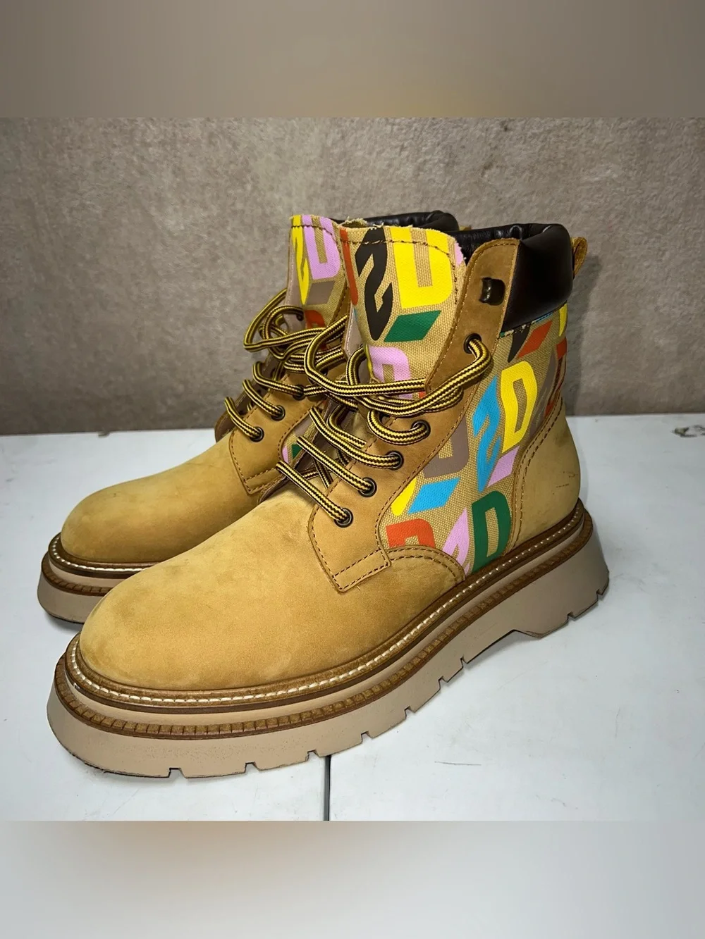 Dsquared2 D2 Monogram Ankle Boots Mens Size EU 42 Beige Wheat Made In Italy